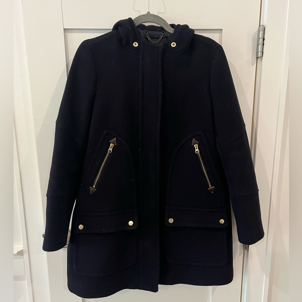 Navy JCrew Stadium Cloth Coat with removable Faux Fur Hood Trim, Size 4
